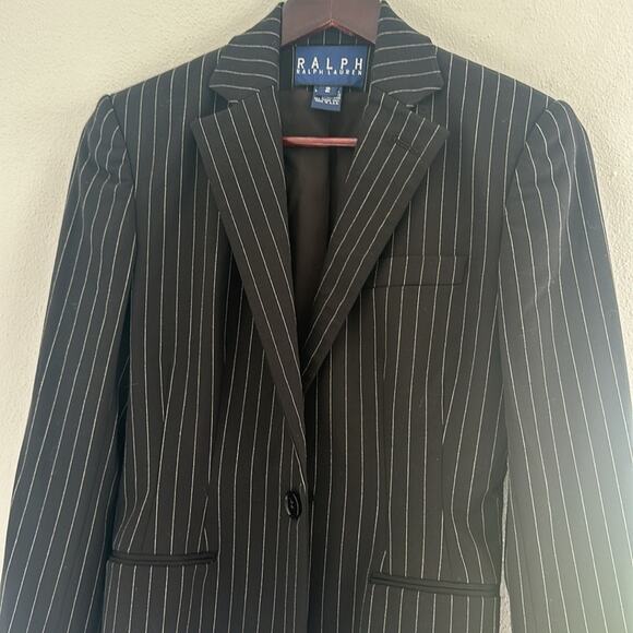 Ralph Ralph Lauren Sz2 Blazer Black White Pinstripe Wool Shoulder Pad Blue Label - Picture 1 of 12